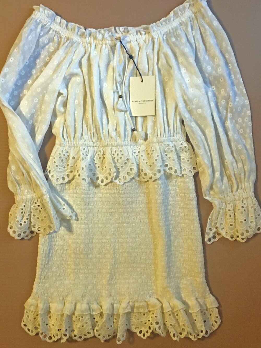 Spell & the Gypsy “Daisy Chain” smocked eyelet cottagecore mini dress S/M — BNWT